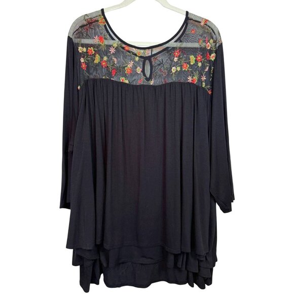 Cha Cha Vente Black 3/4 Sleeve Vtg. 3X Top With Embroidered Mesh Yoke Boho Y2K - Picture 1 of 10